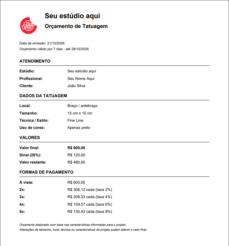 Exemplo de proposta de tatuagem gerada em PDF pelo NazTattoos